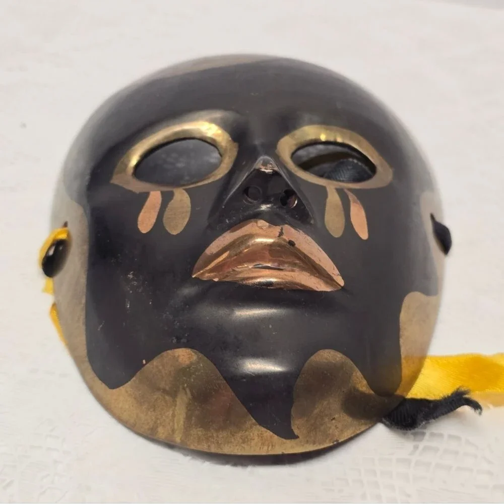 Vintage Solid Brass Theater Entity Mask Black Gold Wall Hanging MCM Decor